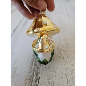 Vintage glass mushroom ornament yellow spotted Xmas tree fungi
